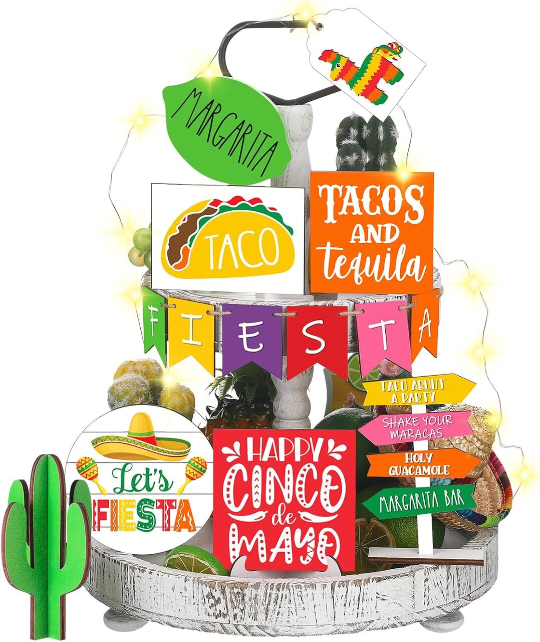 16 Pcs Cinco de Mayo Tiered Tray Decor Set – Mexican Wooden Farmhouse Signs with Taco, Cactus, Sombrero, Rainbow Donkey & Fiesta Blocks – Summer Party Table & Kitchen Shelf Decorations – Perfect for Mother's Day Card Making Displays
